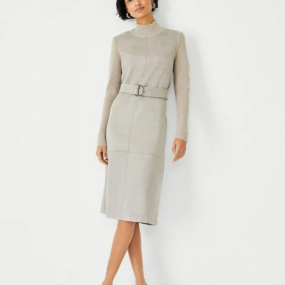 Petite Mixed Faux Suede Belted Sheath Dress - Picture 1 of 3